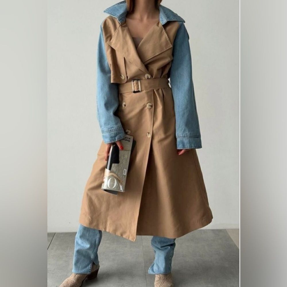 Belted Two-Tone Trench Coat with Denim Sleeves